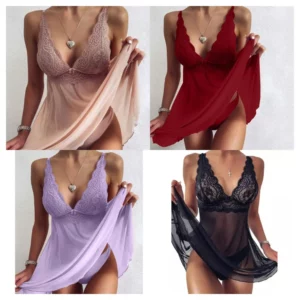 Vêtements de nuit coquins pour femmes Lingerie sexy en dentelle à décolleté en V Chemise transparente Vêtements de détente décontractés Sous-vêtements exposés String érotique – Image 1