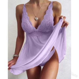 Vêtements de nuit coquins pour femmes Lingerie sexy en dentelle à décolleté en V Chemise transparente Vêtements de détente décontractés Sous-vêtements exposés String érotique – Image 4